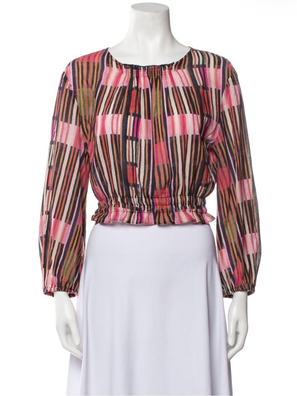 Apiece Apart Striped Pink & Brown Long-Sleeve Cropped Blouse